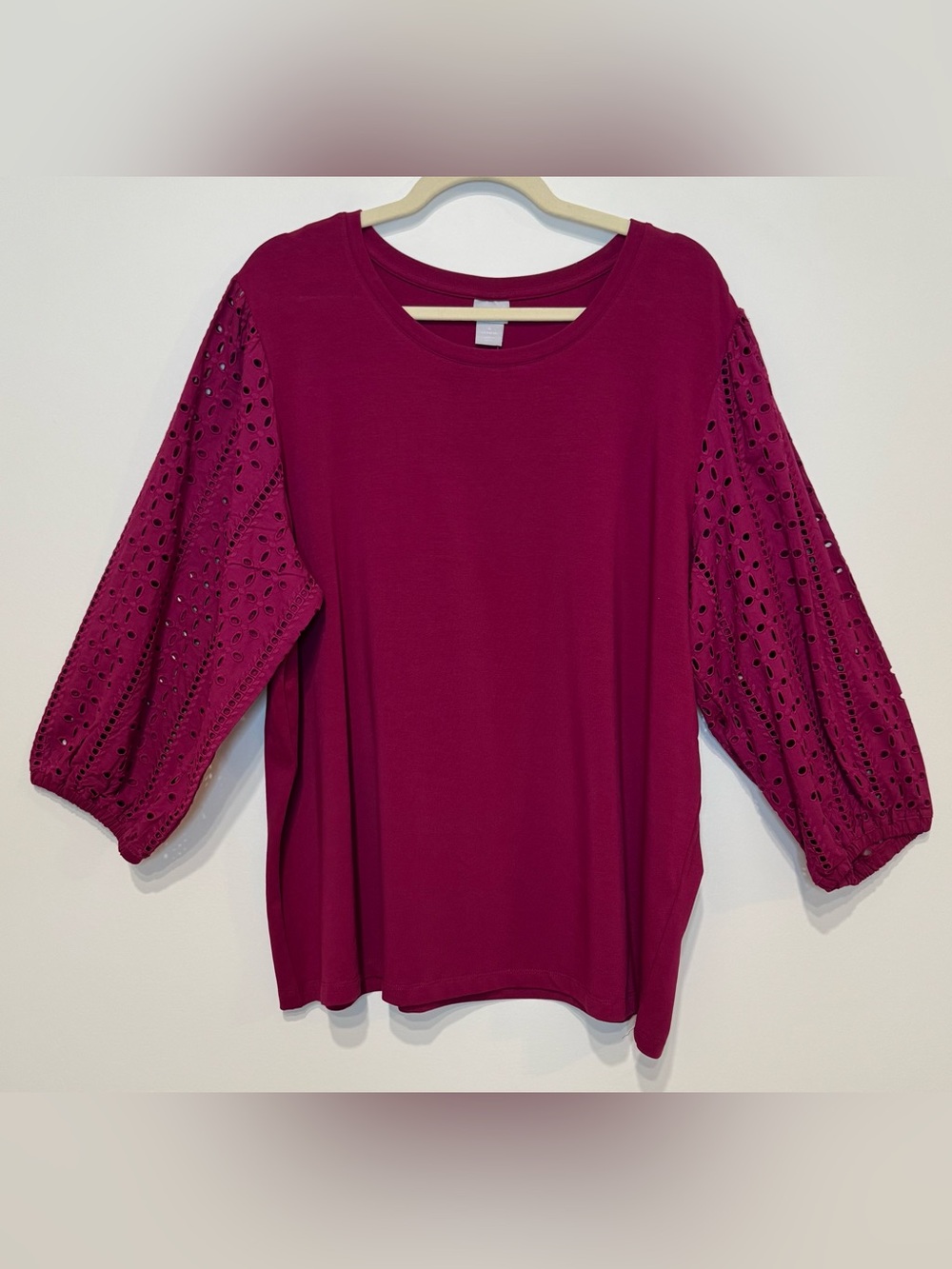 NEW Chico’s Eyelet Balloon 3/4 Sleeve Cotton Knit Top Size XXL / Chico’s Size 4